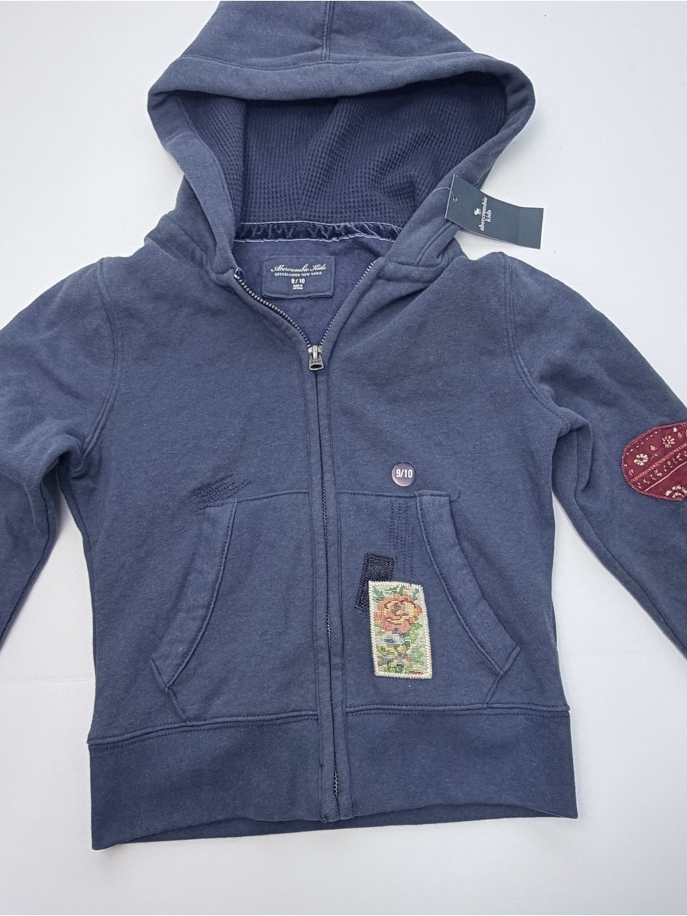 Abercrombie Kids Hoodie Zip Up Patchwork Blue Hooded Sweatshirt Girls Size 9/10